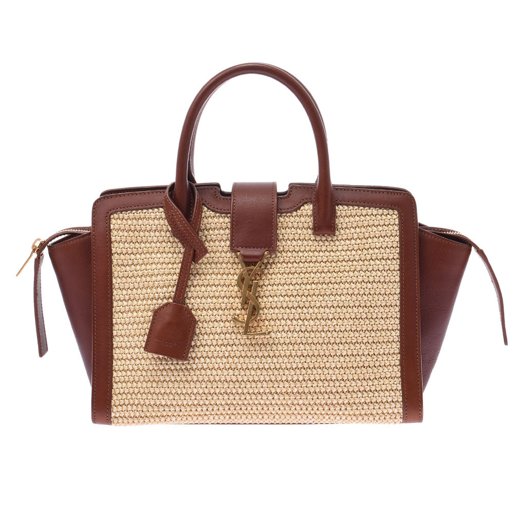 SAINT LAURENT Downtown Cabas Handbag Natural Brown Polyamide Calf Leather